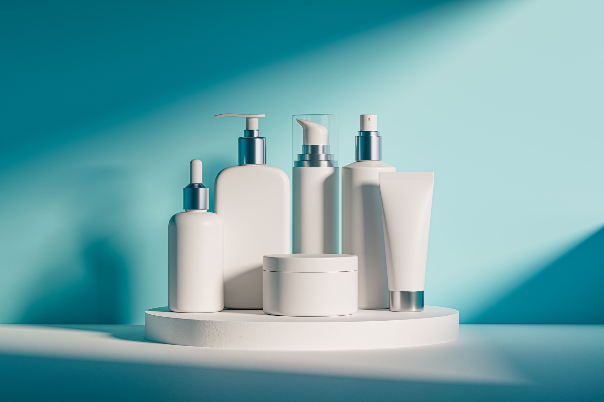 3d illustration of set of diverse cosmetic containers in white color standing on pedestal over blue background